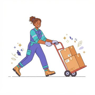 Delivery woman pushing hand truck with boxes illustration