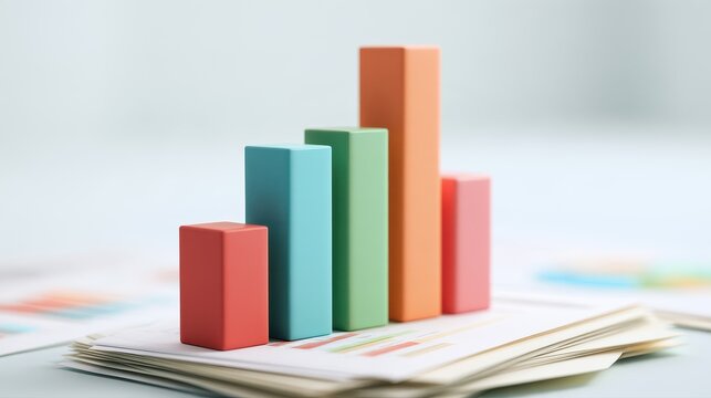 Financial growth concept, colorful 3D bar chart rising from reports, soft white background, 3D illustration. 