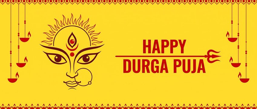 Bright Yellow Durga Puja Banner with Line Art Goddess Face and Trishul