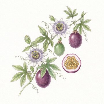 Watercolor Passionfruit Markisa Vine Botanical Illustration