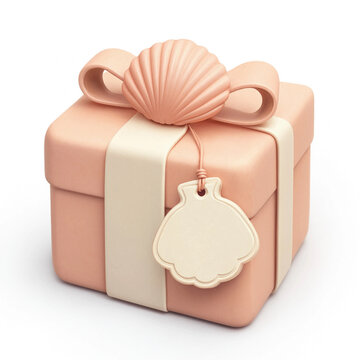 A cute pastel peach gift box decorated with a seashell bow and a matching hanging shell tag