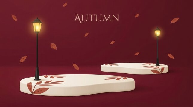 Autumn display with illuminated platforms and falling leaves on a burgundy background