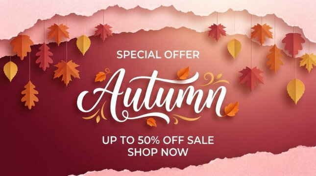Autumn sale banner with falling leaves and elegant calligraphy