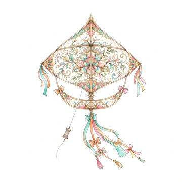 Watercolor Traditional Kite Layangan with Floral Motif