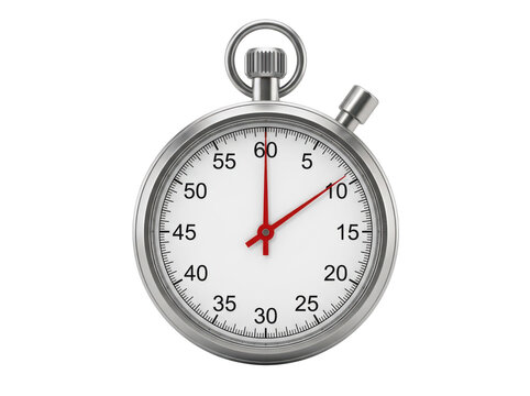 A sleek, modern stopwatch with red second and minute hands precisely marking 10 seconds and 45 seconds, isolated on a transparent background, minimalist design for professional use in timing events.