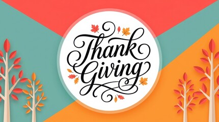 Obraz premium Elegant thanksgiving calligraphy with autumn leaves and colorful background