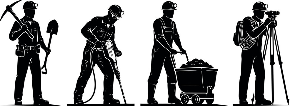 Mining Industry Workers and Heavy Machinery Equipment Silhouettes