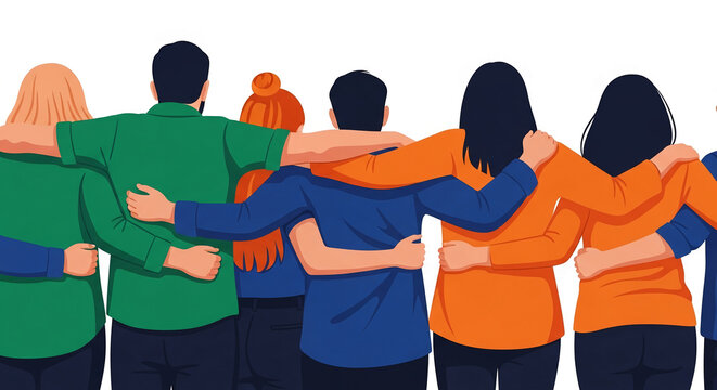 Diverse group of people with arms around each other, symbolizing unity, togetherness, and support, representing community and connection.