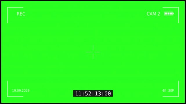 Camera Recording Viewfinder Overlay on Green Screen. Blinking Red REC Dot, CAM 2 Label, Battery, Date and Running Timecode With Center Crosshair. Camcorder Screen Chroma Key