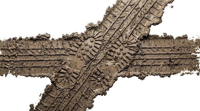 Muddy tire tracks and boot print crossing intersection isolated on white background