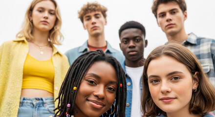 Fototapeta premium Group of diverse young adults posing together outdoors, symbolizing youth, diversity, and friendship, representing lifestyle and community concepts.