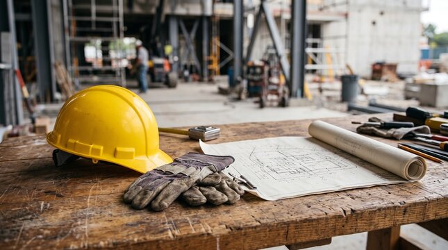 Yellow safety helmet, protective gloves, and unrolled building blueprint on wooden desk in active construction site, depicting civil engineering and site management