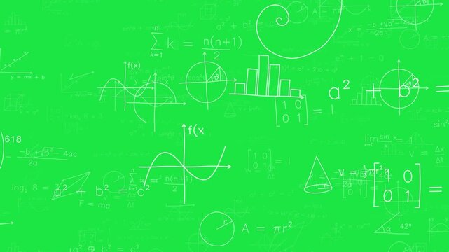 White Hand Drawn Math Formulas and Graphs Drifting in Layered Parallax on Green Screen. Equations, Functions and Geometry Doodles Fading In and Out. Education Chroma Key Background