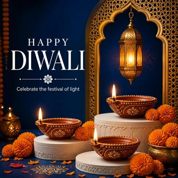 Happy Diwali Greeting Banner with Lit Clay Diyas and Lantern