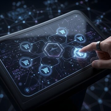 Digital Tablet E-commerce Network Interface with Connected Shopping Icons