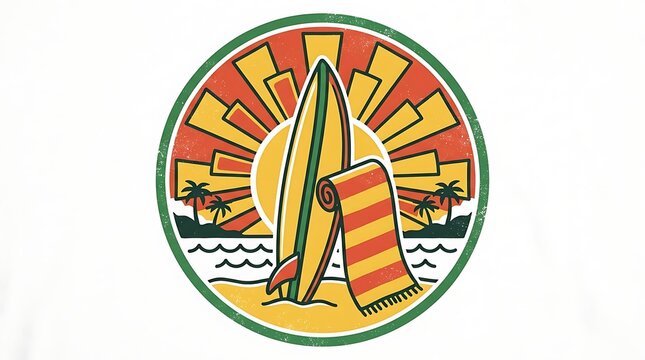 Vintage style surfing emblem with a surfboard and beach towel in front of a bright sun and palm trees on a tropical island