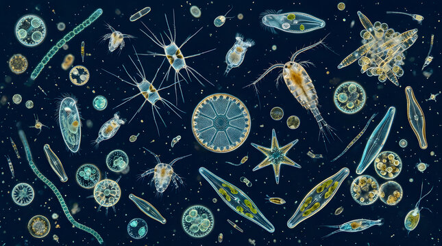 Microscopic view of diverse plankton community floating in dark water