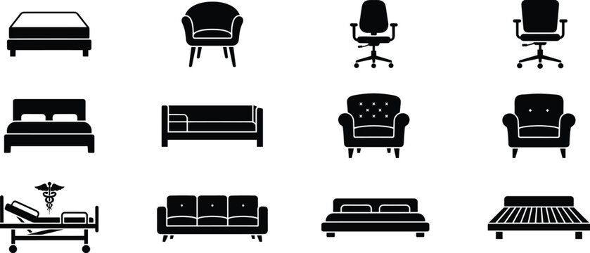 Home furniture silhouette icons set displaying bedding varieties office chairs sofas armchairs and medical bed vector,.