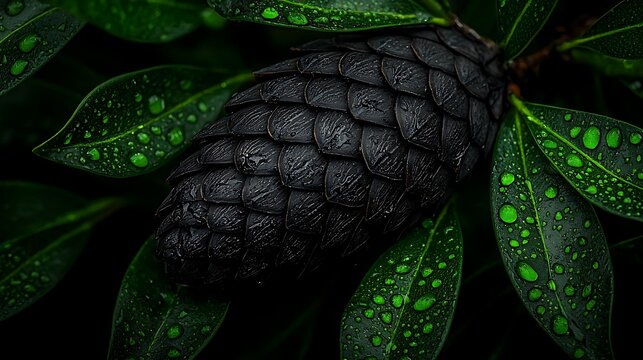 Dark pine cone on vibrant green leaves