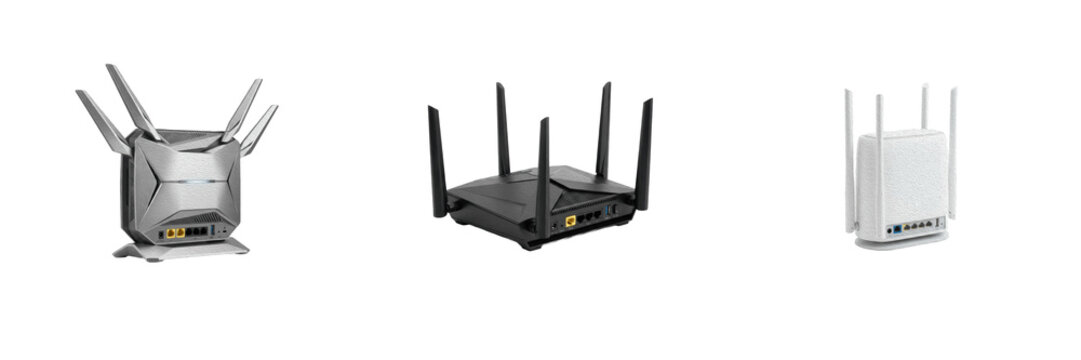 Wireless routers and internet modems set isolated on white background, high-speed Wi-Fi network hardware devices with multiple external antennas for home network, office internet, and connectivity   