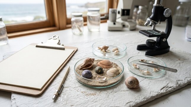 Marine biology laboratory workbench featuring microscope, petri dish with seashells on sand, tweezers, and clipboard, depicting coastal research and oceanography study