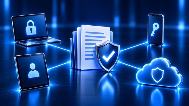 Multi device endpoint security showing synchronized digital documents protected by cyber shield across laptop tablet and smartphone
