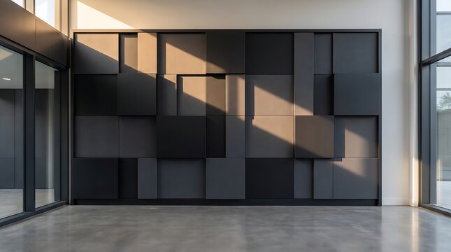 Modern architectural wall feature with modular dark panels and golden sunset light cast in 16:9 ratio architecture interior minimalist geometric