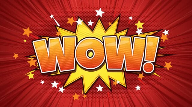 Comic Book WOW Text Pop Art Animation. Orange Word Bursts Out of Yellow Explosion Bubble With Stars and Smoke Puffs on Red Radial Speed Lines Background. Cartoon Expression