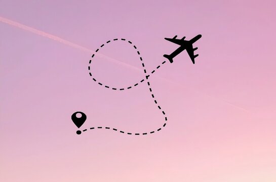 Commercial airplane flying alongside hot air balloon in twilight sky with dotted flight path, Aerial composition highlighting aviation and leisure travel contrast during sunset with clear copy space f