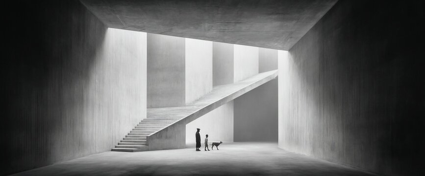Monochrome interior with concrete stairs, people, and a dog. Dramatic light and shadows. Minimalist and modern