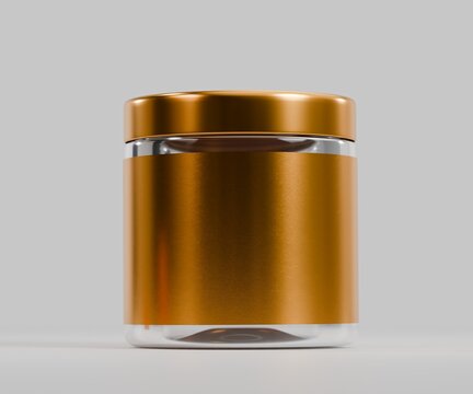 3d tub container mockups with gold labels, on white background