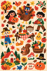 Fototapeta premium Cute Thanksgiving Turkey and Autumn Harvest Collection in Retro Cartoon Illustration