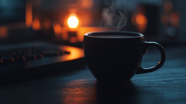 Steaming coffee cup on desk at night.