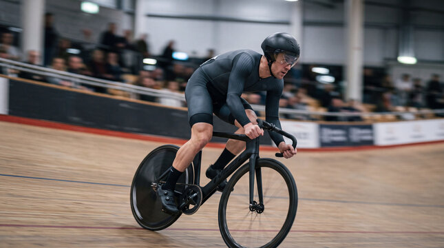 Cyclist in professional gear riding a track bike on an indoor velodrome track with track cycling bike rider indoor sport race track indoor arena tight clothes bicycle sport cycling competition