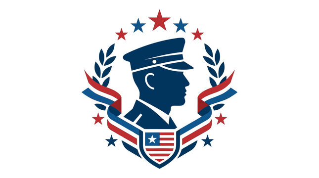 Military Officer Silhouette Emblem with American Flag Shield and Laurel Wreath.
