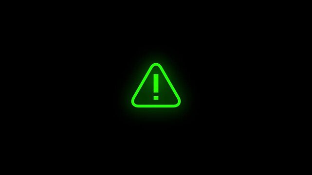 Glowing green warning sign animation, digital alert symbol motion caution attention