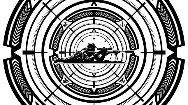 Black and white illustration of a prone sniper aiming through a circular geometric target reticle.