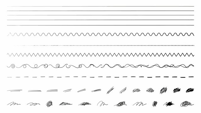 Collection of various black line patterns on a white background lines vector linear scribbles doodles strokes zigzags wavy dashed