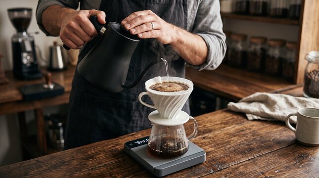Barista pouring hot water from gooseneck kettle onto fresh coffee grounds in dripper over glass decanter, symbolizing manual pour-over brewing art and specialty coffee