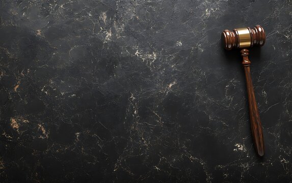 A wooden gavel sits on a black marble surface with copy space.
