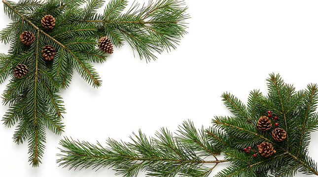 Festive christmas border frame made of green pine tree branches and small brown pine cones on white background