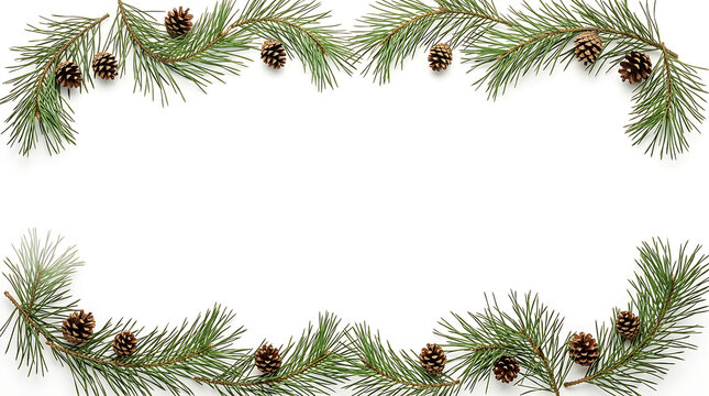Christmas festive frame made of natural pine tree branches and brown pine cones isolated on white background