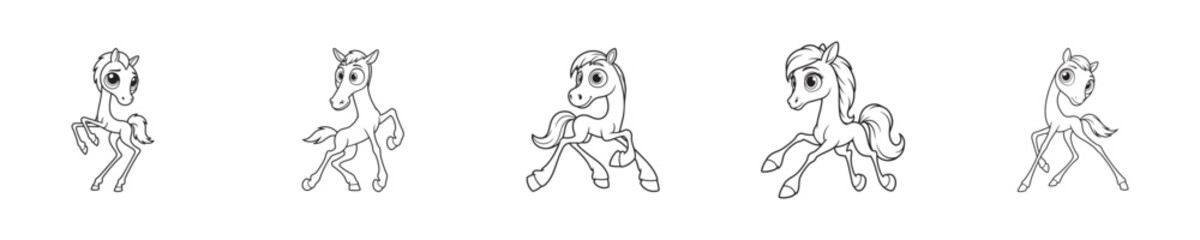 Fototapeta premium Vector line drawing of cartoon funny horses for children's coloring