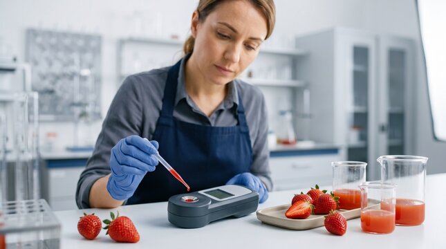 Food scientist using a digital refractometer to test strawberry juice sugar content in a laboratory, portraying food quality control and agricultural research
