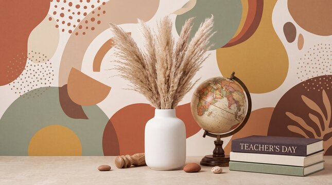 Aesthetic classroom decor with pampa grass and globe for Teacher's Day