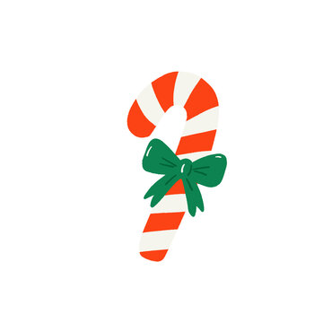 Cute Christmas candy cane with green ribbon bow illustration PNG clipart isolated on transparent background