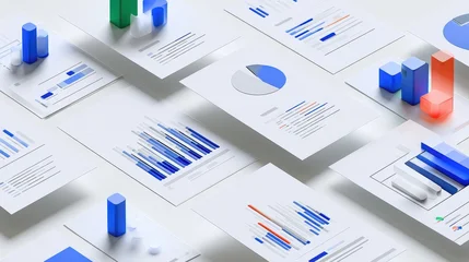 Statistical analysis concept, geometric data charts arranged on floating documents, subtle shadows, modern 3D illustration.  © MAGNIFIER