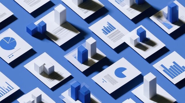 Statistical analysis concept, geometric data charts arranged on floating documents, subtle shadows, modern 3D illustration. 