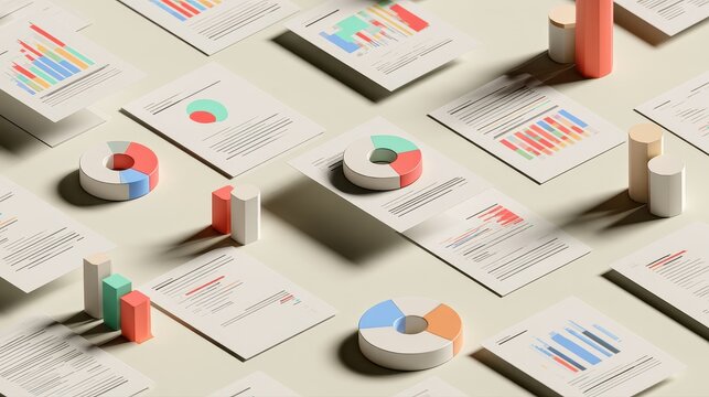 Statistical analysis concept, geometric data charts arranged on floating documents, subtle shadows, modern 3D illustration. 