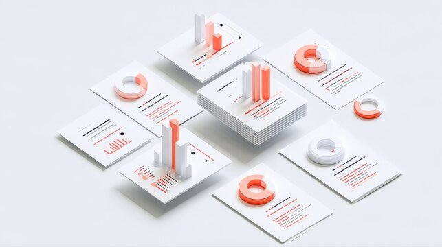 Statistical analysis concept, geometric data charts arranged on floating documents, subtle shadows, modern 3D illustration. 